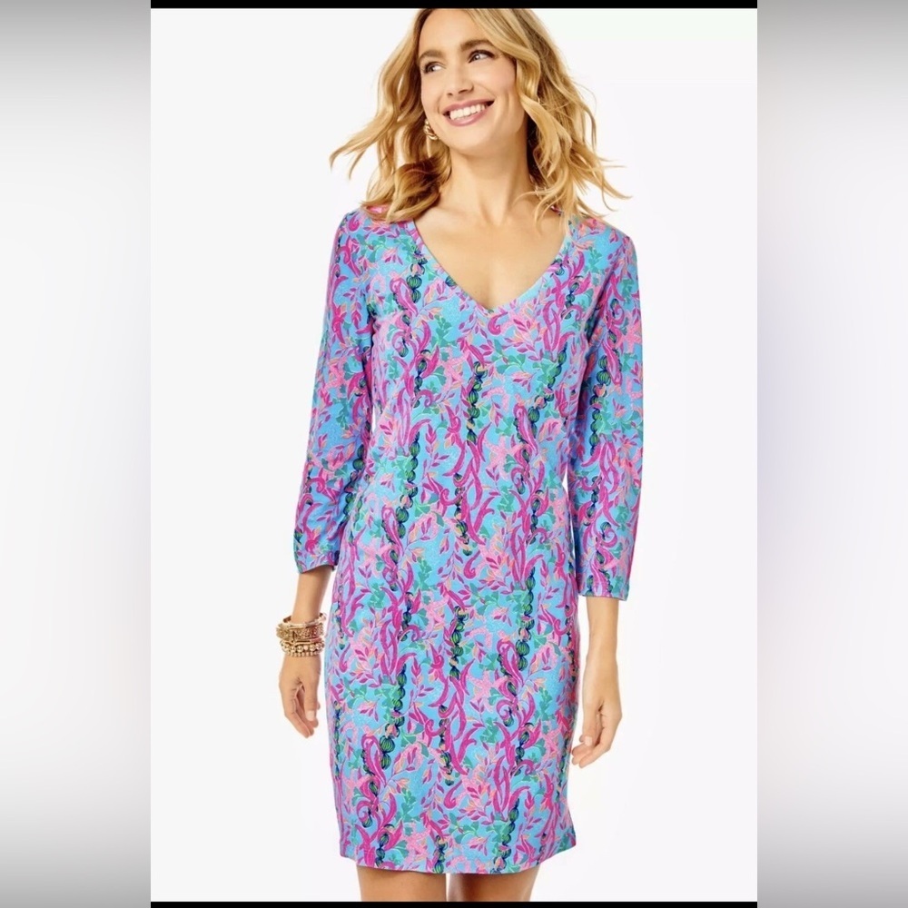 Lilly Pulitzer Tessa Multi Seaweed Samba Pima Knit V/Neck T-Shirt Dress Small